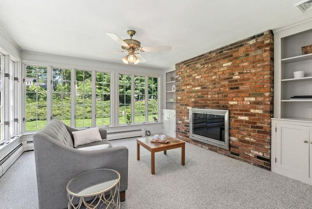 64 Bakers Hill Rd, Weston, MA 02493 - carpeted living area featuring baseboard heating, built in features, healthy amount of natural light, and a ceiling fan