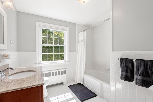 64 Bakers Hill Rd, Weston, MA 02493 - bathroom with radiator heating unit, tile walls, toilet, vanity, and shower / bath combination with curtain