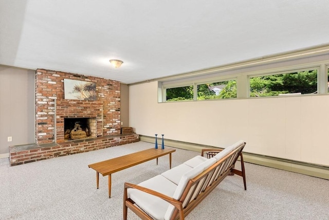 64 Bakers Hill Rd, Weston, MA 02493 - carpeted living room with a fireplace, baseboard heating, and a baseboard radiator