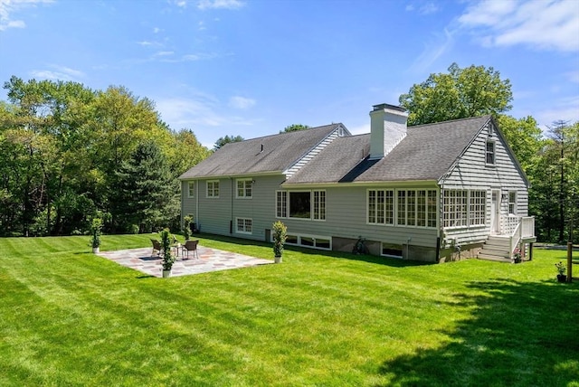 64 Bakers Hill Rd, Weston, MA 02493 - back of house with a patio, a lawn, and a chimney