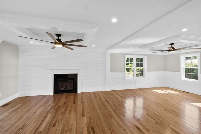 320 Old Westport Rd, Dartmouth, MA 02747 - unfurnished living room featuring wood finished floors, a ceiling fan, a wainscoted wall, a fireplace, and recessed lighting