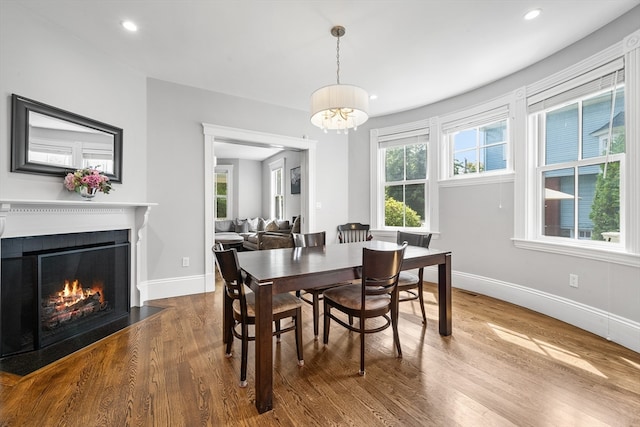 dining area featuring a notable chandelier, plenty of natural light, and hardwood / wood-style flooring