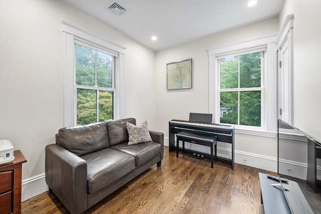 sitting room featuring dark wood-type flooring and a wealth of natural light