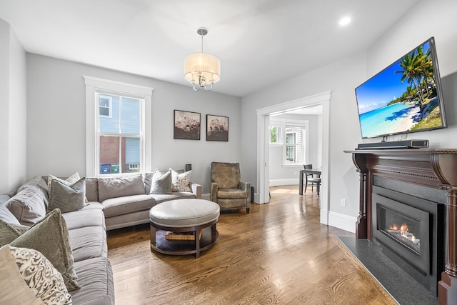 living room featuring an inviting chandelier, a healthy amount of sunlight, and hardwood / wood-style floors