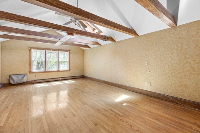 unfurnished living room featuring light wood-type flooring, a baseboard radiator, ceiling fan, and vaulted ceiling with beams