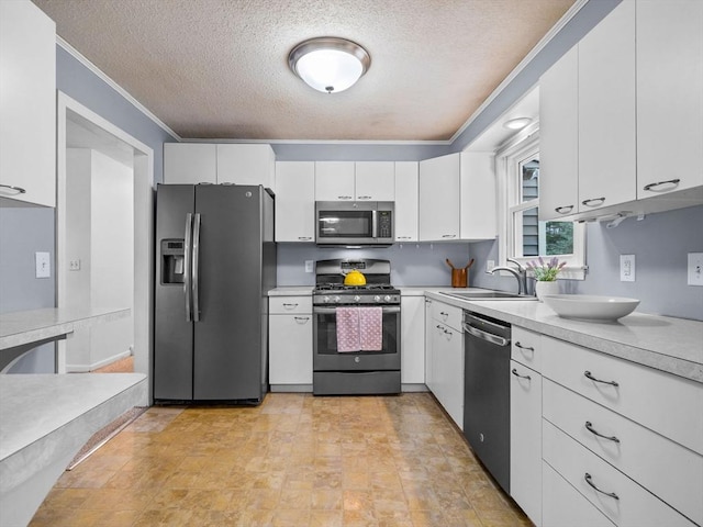 13 Independence Ln, Millis, MA 02054 - kitchen featuring stainless steel appliances, a sink, a textured ceiling, white cabinets, and light countertops