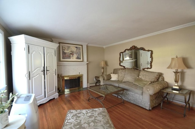 living room with wood finished floors, a fireplace, a baseboard radiator, and crown molding