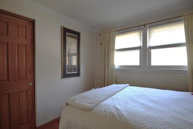 bedroom with baseboards and ornamental molding