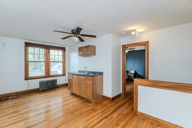 kitchen featuring dark countertops, radiator heating unit, ceiling fan, and light wood-style flooring