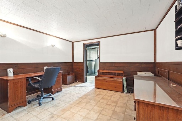 116 Corey Colonial Unit 116, Agawam, MA 01001 - office with wainscoting, crown molding, light floors, wooden walls, and water heater