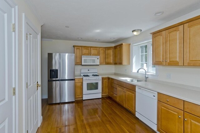 61 Providence Rd Unit 4, Grafton, MA 01519 - kitchen with white appliances, a sink, dark wood-type flooring, light countertops, and recessed lighting