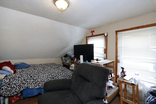 bedroom with hardwood / wood-style flooring and vaulted ceiling