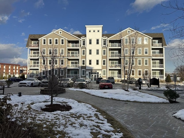 view of snow covered building