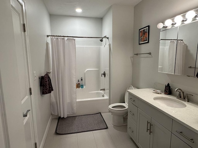 full bathroom with toilet, vanity, and shower / bathtub combination with curtain