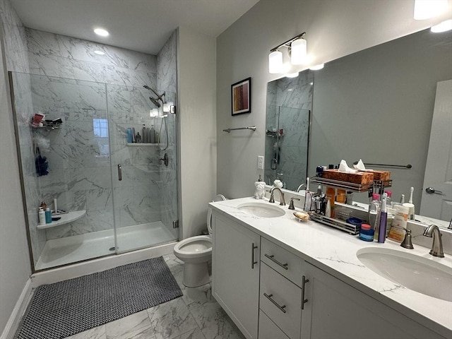 bathroom with vanity, toilet, and a shower with shower door