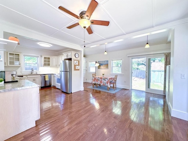 121 N Main St, Natick, MA 01760 - kitchen featuring stainless steel appliances, dark wood finished floors, glass insert cabinets, healthy amount of natural light, and ornamental molding