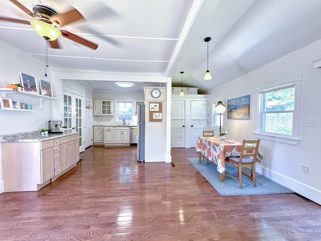 121 N Main St, Natick, MA 01760 - dining area featuring ceiling fan, ornamental molding, dark wood finished floors, and french doors