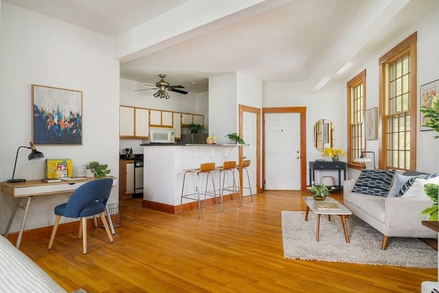 87 Bristol St Unit 3C, Cambridge, MA 02139 - living room with light wood-style flooring, a ceiling fan, and baseboards
