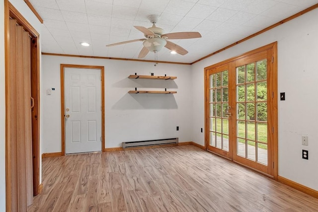66 Park St, Pepperell, MA 01463 - unfurnished room with baseboard heating, crown molding, light wood finished floors, a ceiling fan, and recessed lighting