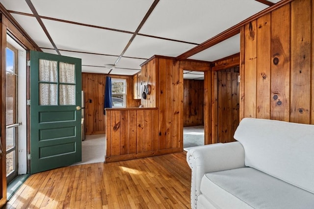 interior space featuring wood walls and light wood-type flooring