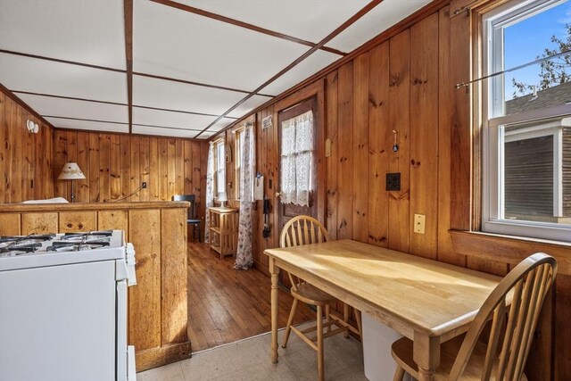 dining area with wooden walls