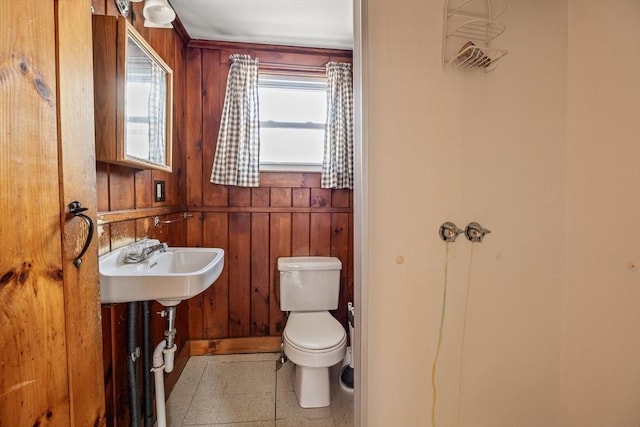 half bath with toilet, wood walls, and a sink