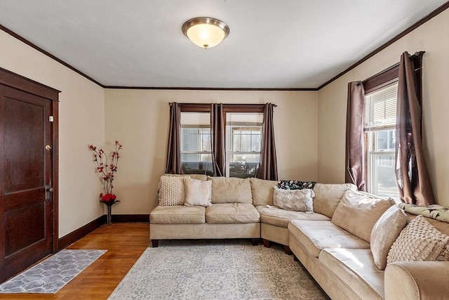 living area featuring wood finished floors, baseboards, and ornamental molding