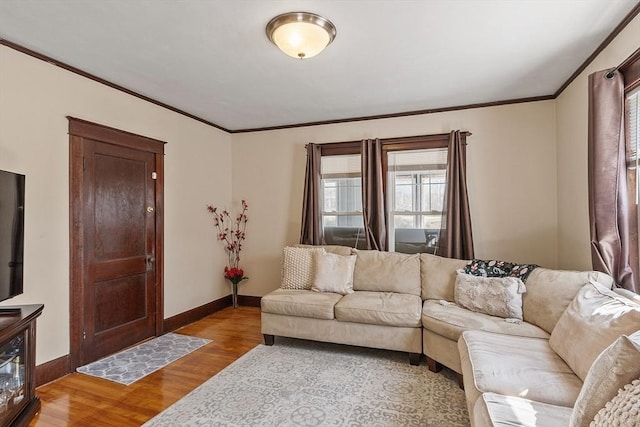 living room featuring ornamental molding, baseboards, and wood finished floors