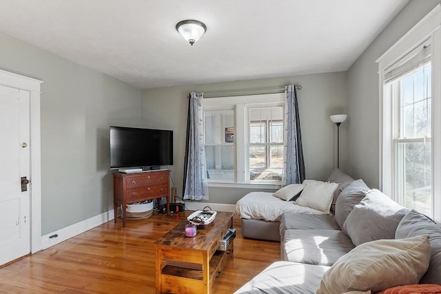 living room with a wealth of natural light, baseboards, and wood finished floors