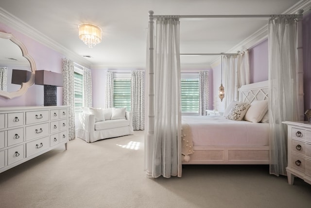 carpeted bedroom featuring multiple windows and ornamental molding