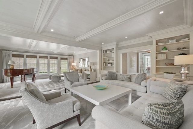 living room with ornamental molding, beam ceiling, and built in features