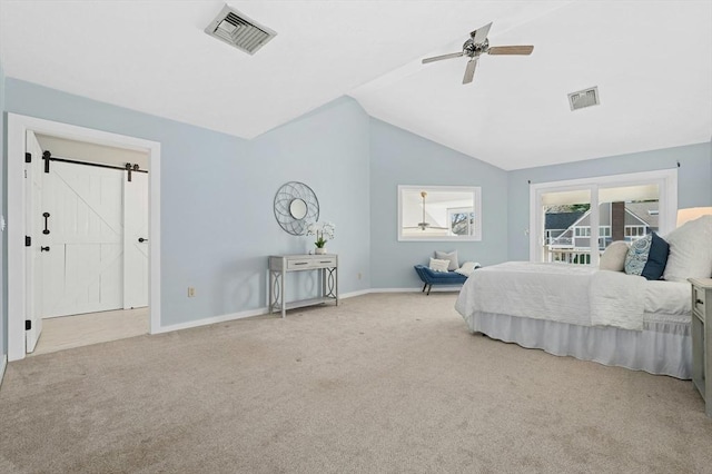 bedroom featuring vaulted ceiling, carpet, visible vents, and baseboards