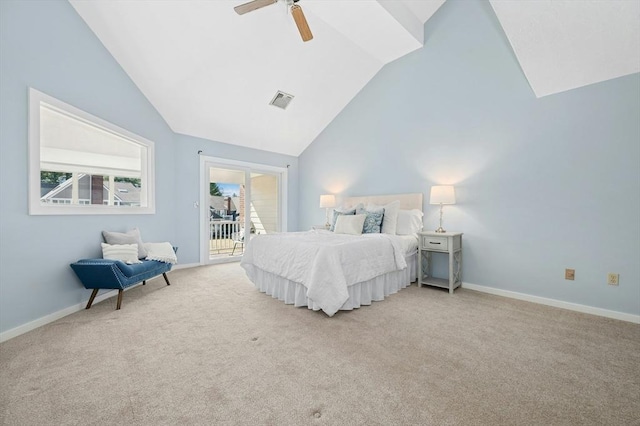 carpeted bedroom featuring access to exterior, visible vents, a ceiling fan, and baseboards