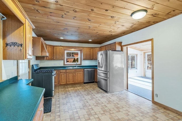 kitchen featuring a sink, wood ceiling, appliances with stainless steel finishes, plenty of natural light, and custom range hood