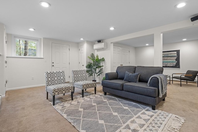 living room with baseboards, carpet, an AC wall unit, and recessed lighting