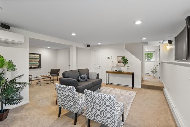 living room featuring baseboards, light colored carpet, recessed lighting, a wall mounted AC, and a baseboard radiator