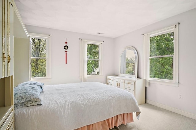 bedroom featuring multiple windows, light carpet, and baseboards