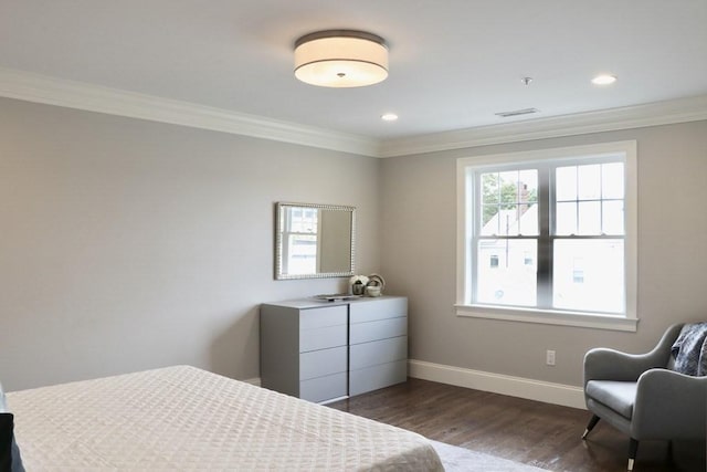 26 Dalby St, Newton, MA 02458 - bedroom with ornamental molding, dark wood-style floors, and recessed lighting