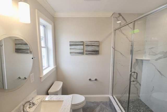 26 Dalby St, Newton, MA 02458 - full bath featuring a marble finish shower, vanity, and crown molding