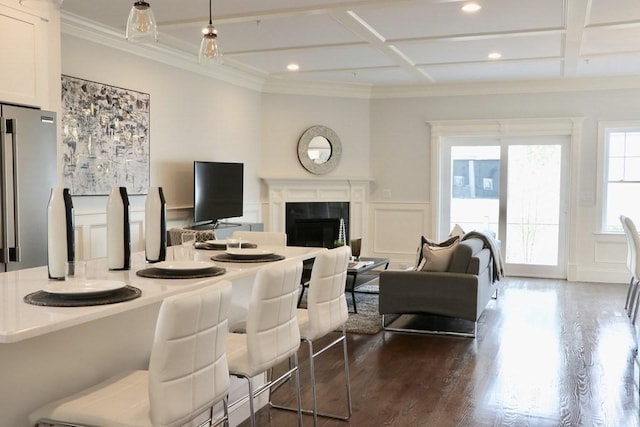 26 Dalby St, Newton, MA 02458 - living area with coffered ceiling, dark wood-style flooring, a fireplace, recessed lighting, and beamed ceiling