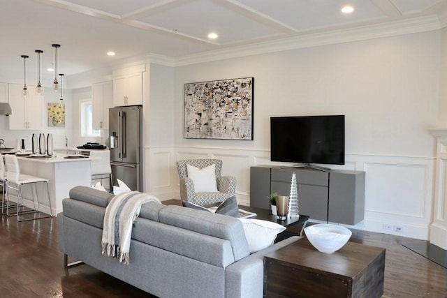 26 Dalby St, Newton, MA 02458 - living room featuring a decorative wall, recessed lighting, dark wood-style flooring, and a wainscoted wall