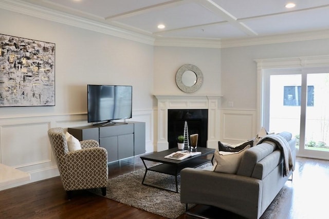 26 Dalby St, Newton, MA 02458 - living room featuring a decorative wall, dark wood-type flooring, a high end fireplace, beamed ceiling, and recessed lighting