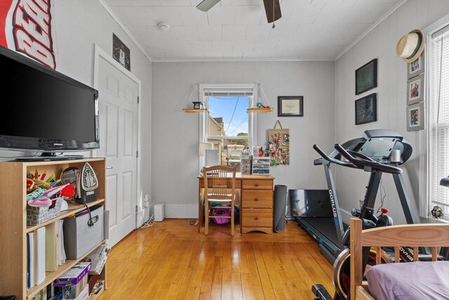 10 Atkins Ave, Lynn, MA 01904 - exercise room with ceiling fan, light wood finished floors, and crown molding