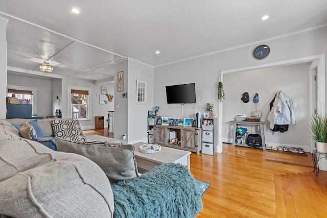 10 Atkins Ave, Lynn, MA 01904 - living area with wood finished floors, recessed lighting, baseboards, and crown molding