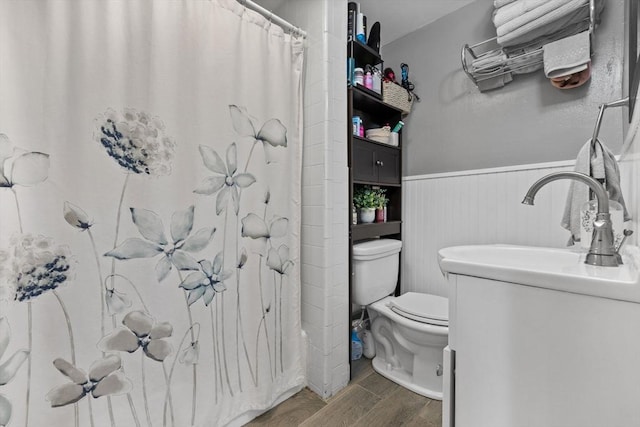 10 Atkins Ave, Lynn, MA 01904 - bathroom with wood finished floors, wainscoting, toilet, and curtained shower