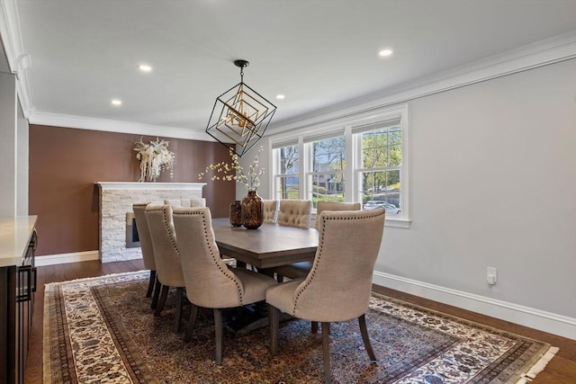 8 Whispering Hill Rd, Woburn, MA 01801 - dining area with dark wood-type flooring, baseboards, ornamental molding, and recessed lighting
