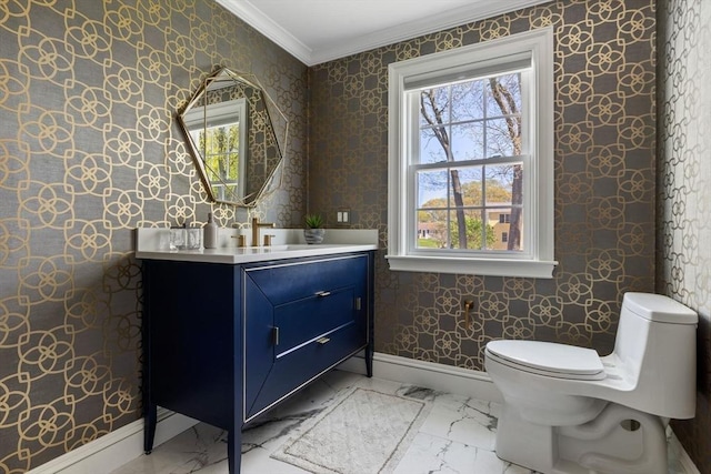8 Whispering Hill Rd, Woburn, MA 01801 - half bath featuring wallpapered walls, toilet, baseboards, ornamental molding, and vanity