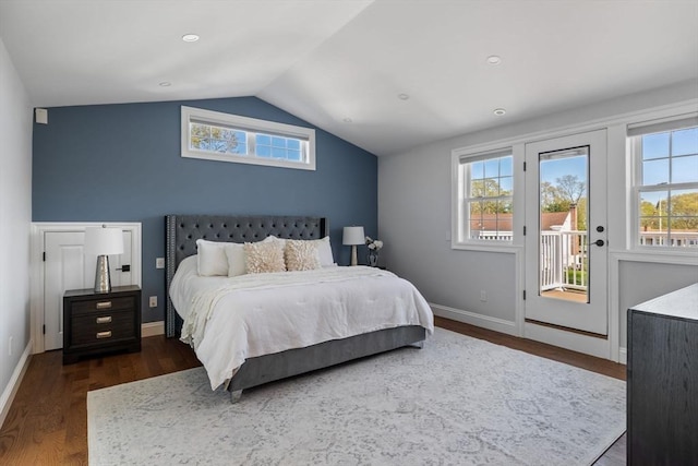 8 Whispering Hill Rd, Woburn, MA 01801 - bedroom featuring lofted ceiling, baseboards, access to outside, and wood finished floors