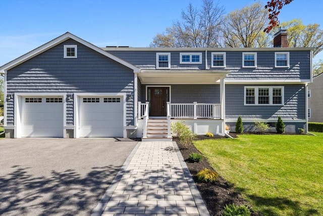 8 Whispering Hill Rd, Woburn, MA 01801 - view of front of property featuring covered porch, an attached garage, driveway, a front yard, and a chimney