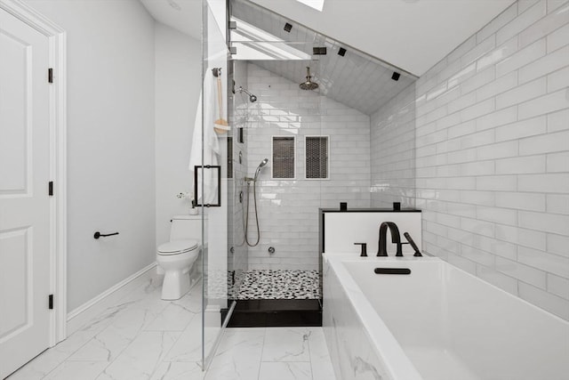 8 Whispering Hill Rd, Woburn, MA 01801 - bathroom featuring baseboards, marble finish floor, toilet, a bath, and tiled shower